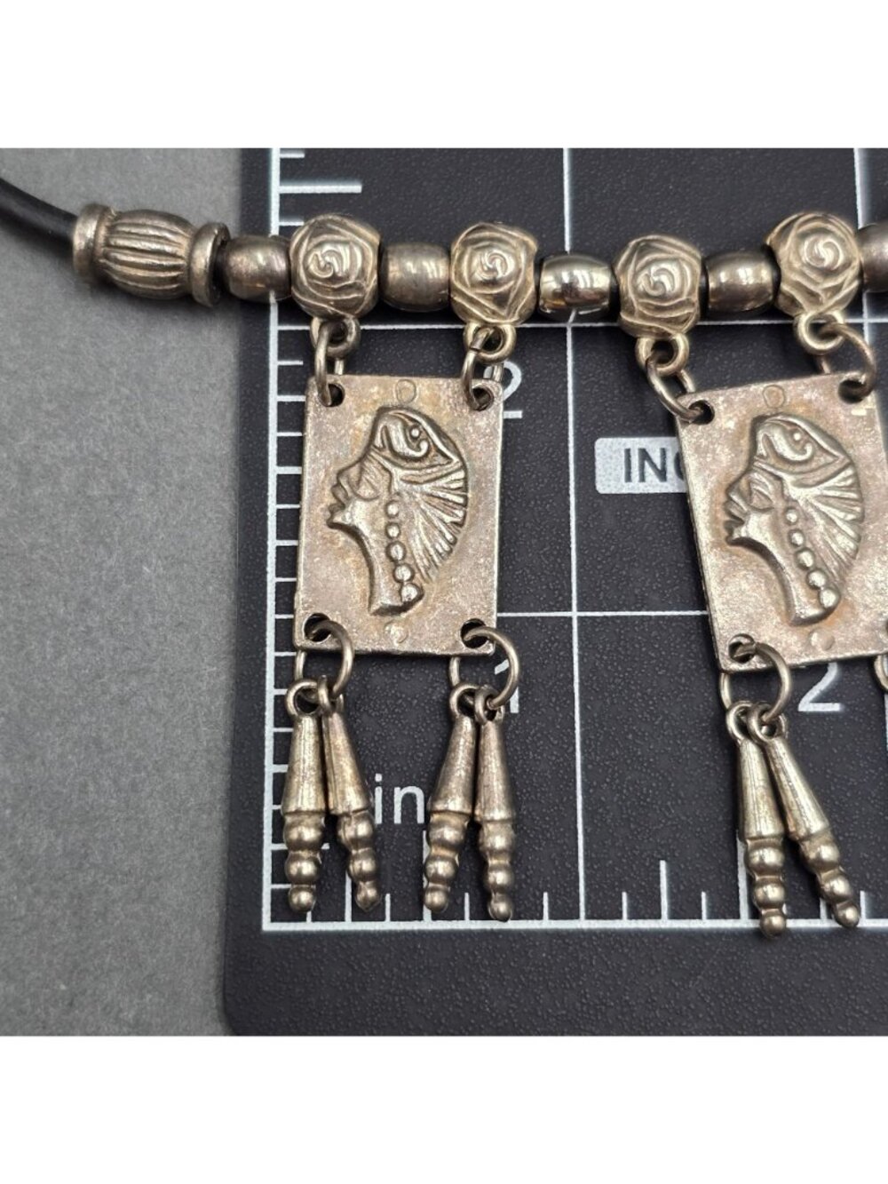 Vintage Tribal Panel Fringe Necklace Silver Tone Leather Cord Boho Statement - Picture 16 of 16